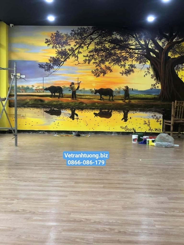 vẽ tranh tường đồng quê tại quán cafe